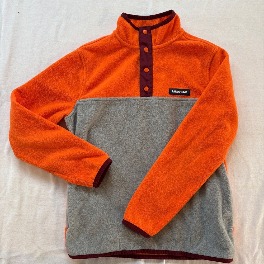 Lands End Kids‎ Fleece Snap Neck Pullover Orange Gray Size L 10-12
